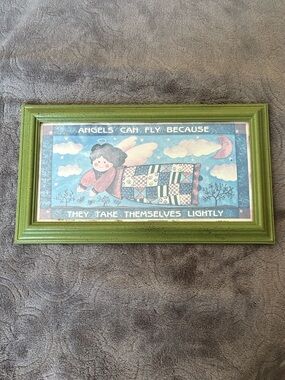 Whimsical Angel Wall Art in Green Frame 12x7” Folk Art Angel Quilt Country